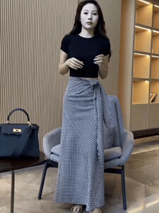 欧货高腰格子系带半身裙套装女2024夏镂空短袖t恤包臀长裙两件套