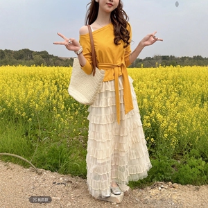 温柔甜妹时尚套装女春季斜肩绑带长袖T恤高腰蛋糕半身裙两件套潮