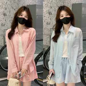欧货天丝时尚休闲套装女夏小个子亮闪防晒衬衫外套背心短裤三件套