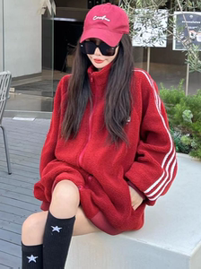 美式炸街拼色条纹棉服羊羔毛短外套女冬夹克开衫运动加厚绒棒球服