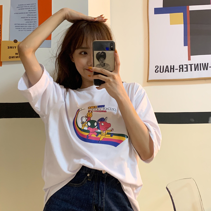 實拍 古着chic港味T恤女2021年春夏季新款韓版寬鬆短袖上衣