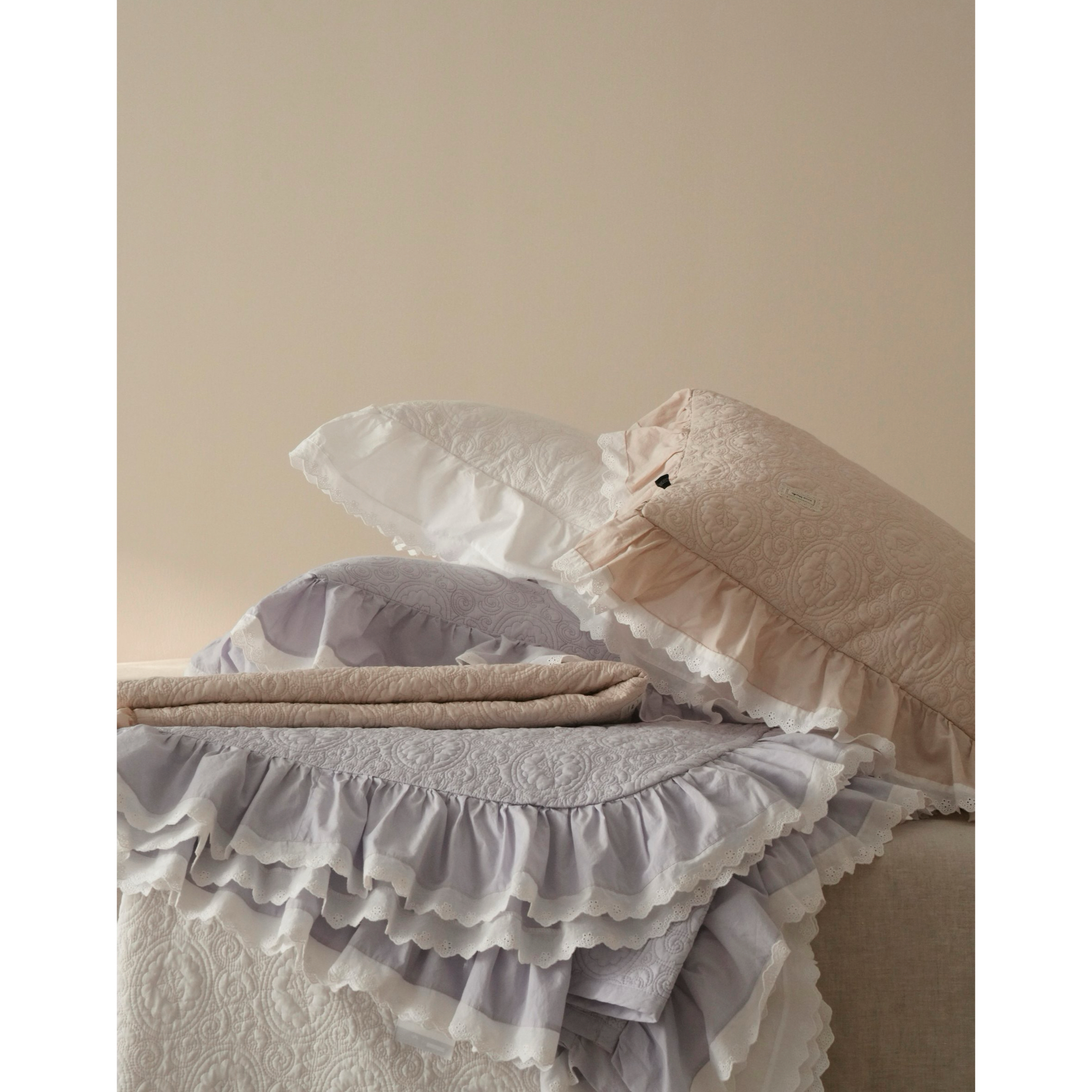 LIWOO｜60S纯棉床盖三件套 法式双层纱被套 可水洗绗缝床品