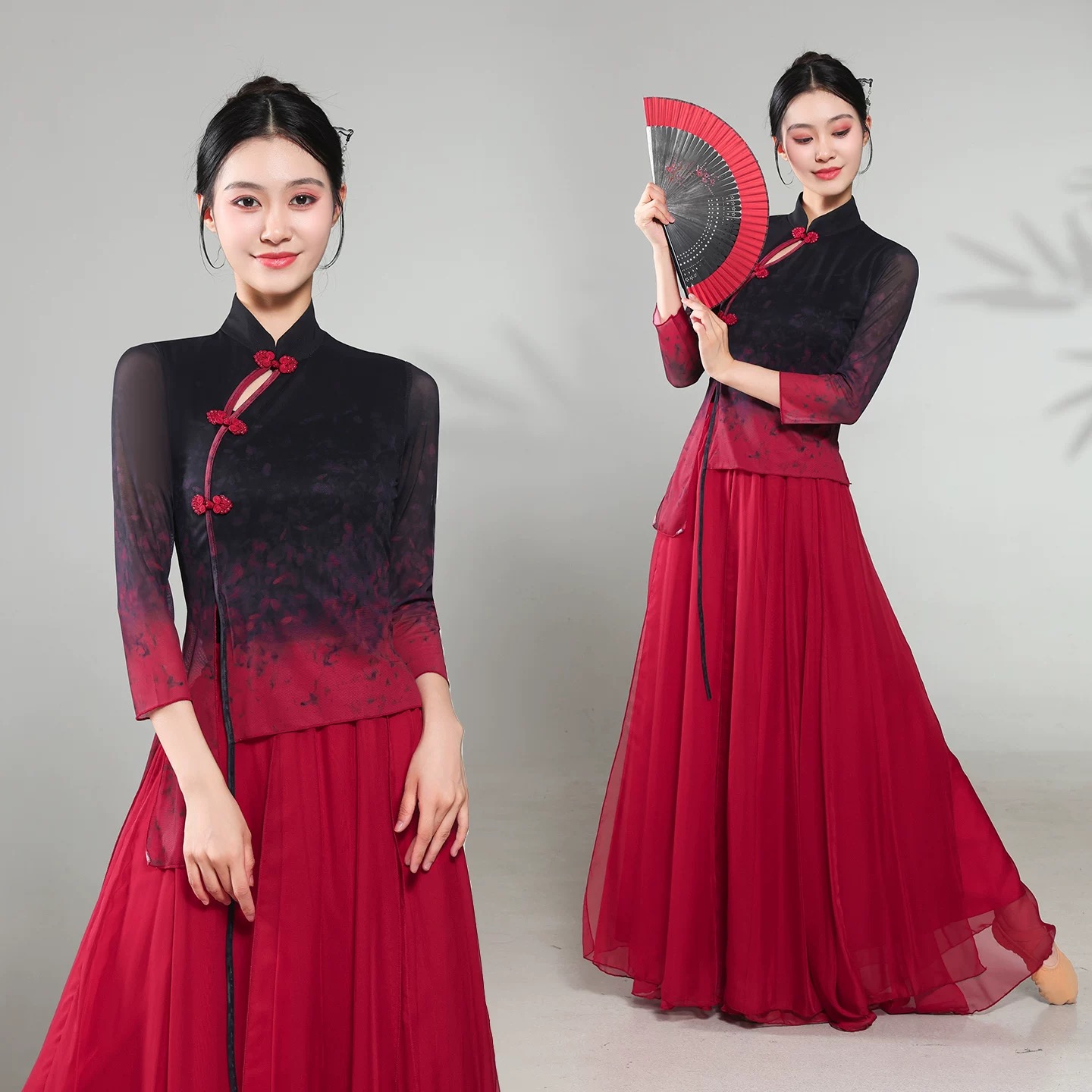 新款古典舞蹈服红色旗袍套装飘逸中国风舞蹈服扇子舞表演服元旦