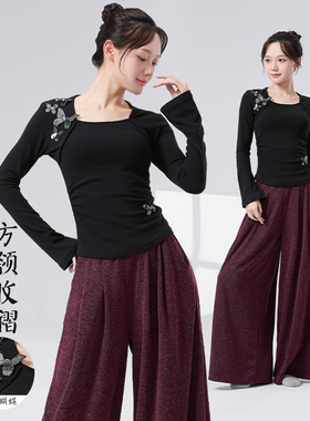 古典舞蹈服女新款方领假两件蝴蝶长袖上衣修身形体服日常训练服