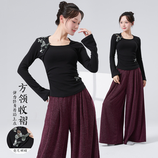 古典舞蹈服女新款方领假两件蝴蝶长袖上衣修身形体服日常训练服