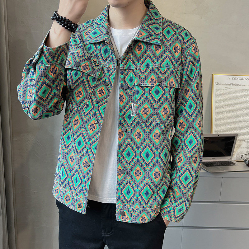 2026春男款修身方领民族风彩印牛仔夹克外套A230-3568-P98(控150),男装民族服装,电商A230