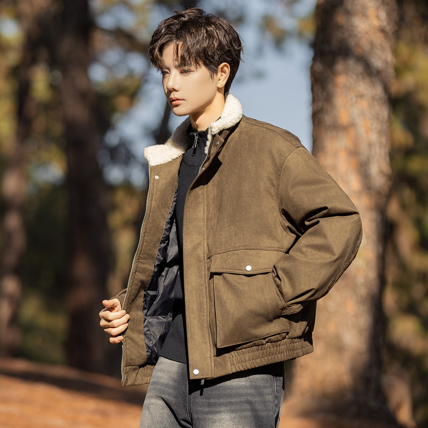 2025冬男款羊羔毛领鹿皮绒标90羽绒外套A230-0031-P259(控359），女装短外套，电商A230