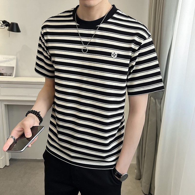 2025夏男款幸运符贴标经典条纹修身短袖T恤A230-882757-P50(控75),男装T恤,电商A230
