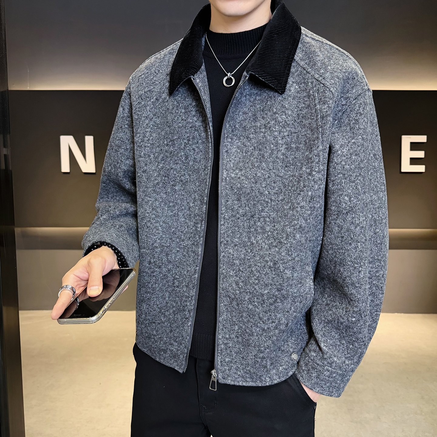 2025冬季男款微宽松方领撞色毛呢夹克外套A230-8909-P165(控265)，男装夹克，电商A230