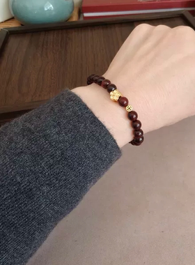 天然印度小叶紫檀木沙金钱扣花朵单圈手串手链男女有钱花财源广进