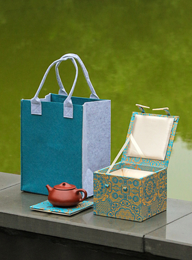 金蓝色花纹锦布盒新款文玩高档陶瓷茶杯茶壶建盏紫砂壶锦缎礼盒