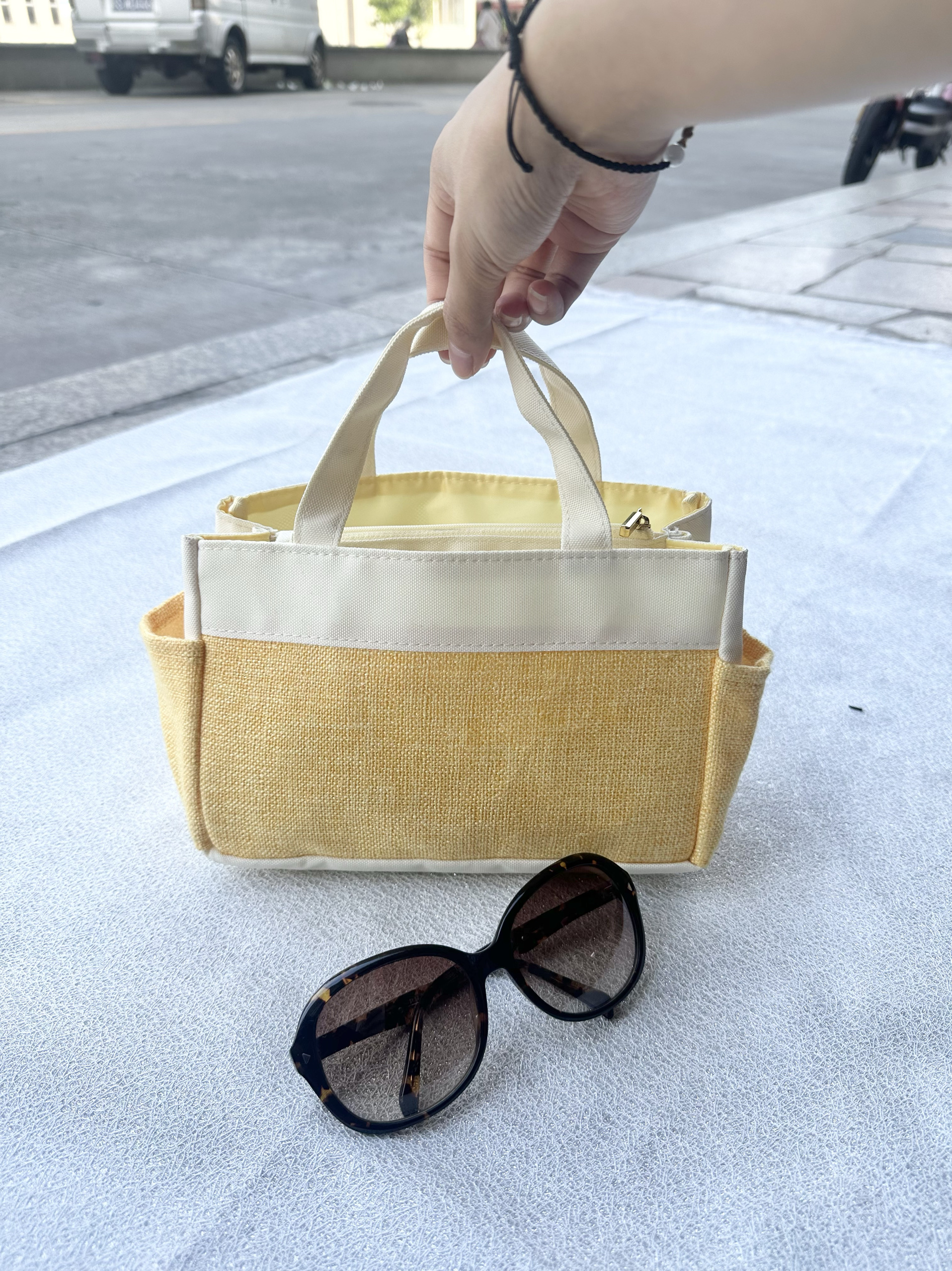 出口日单棉麻手提收纳袋学生手提通勤包外出百搭手腕包小物件收纳