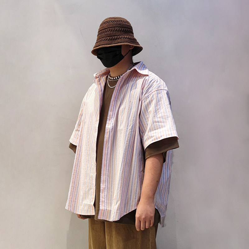 nogender集合学院风彩色竖条纹overszie无性别男女同款短袖衬衫