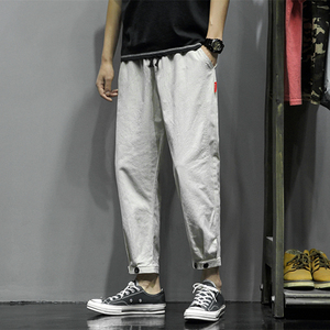 两件装休闲裤子男夏季宽松韩版潮流九分束脚裤亚麻裤K383 P25图片