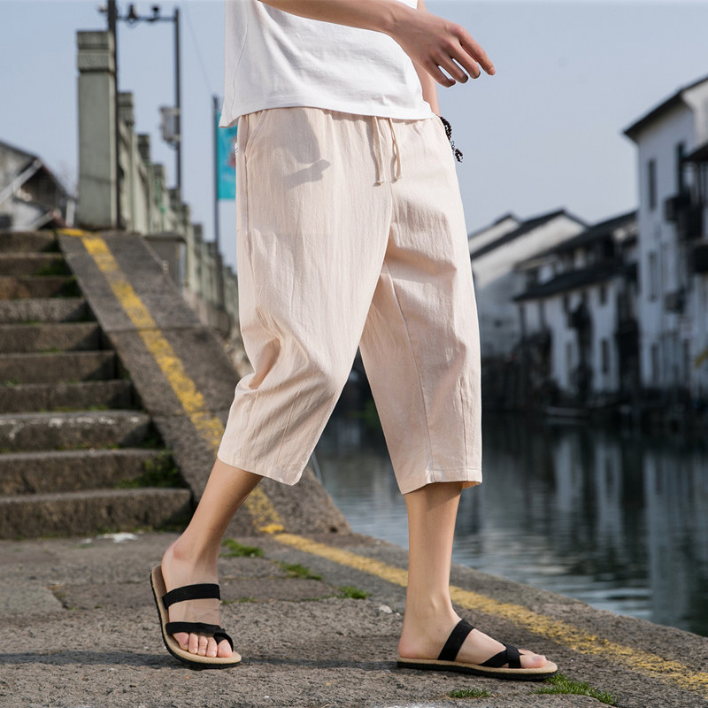 夏季休闲裤男百搭棉麻宽松亚麻裤韩版潮流七分裤八分直筒K821P20,男装牛仔裤,四季星座303A