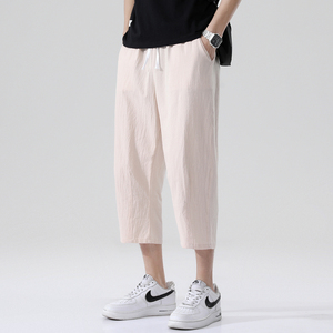 夏季休闲裤男百搭棉麻宽松亚麻裤韩版潮流七分裤八分直筒K821P20