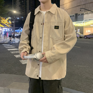 杏色灯芯绒休闲衬衫男长袖胖子大码宽松春秋复古日系工装衬衣外套图片