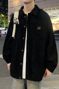 杏色灯芯绒休闲衬衫男长袖胖子大码宽松春秋复古日系工装衬衣外套图片