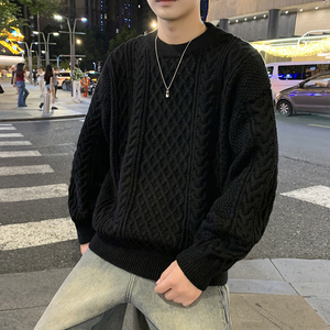 MY8267麻花毛衣男生秋冬季新款复古日系慵懒风圆领男常规37加绒47,秋冬浅色碎花连衣裙搭配什么鞋子图片