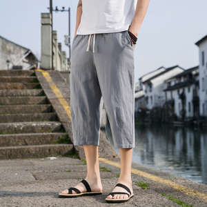 夏季休闲裤男百搭棉麻宽松亚麻裤韩版潮流七分裤八分直筒K821P20图片