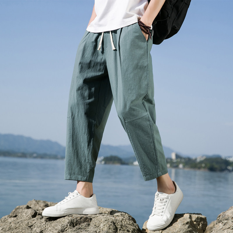 夏季休闲裤子男百搭棉麻宽松亚麻裤韩版潮流九分裤长裤直筒K22P25,男装休闲裤,四季星座303A
