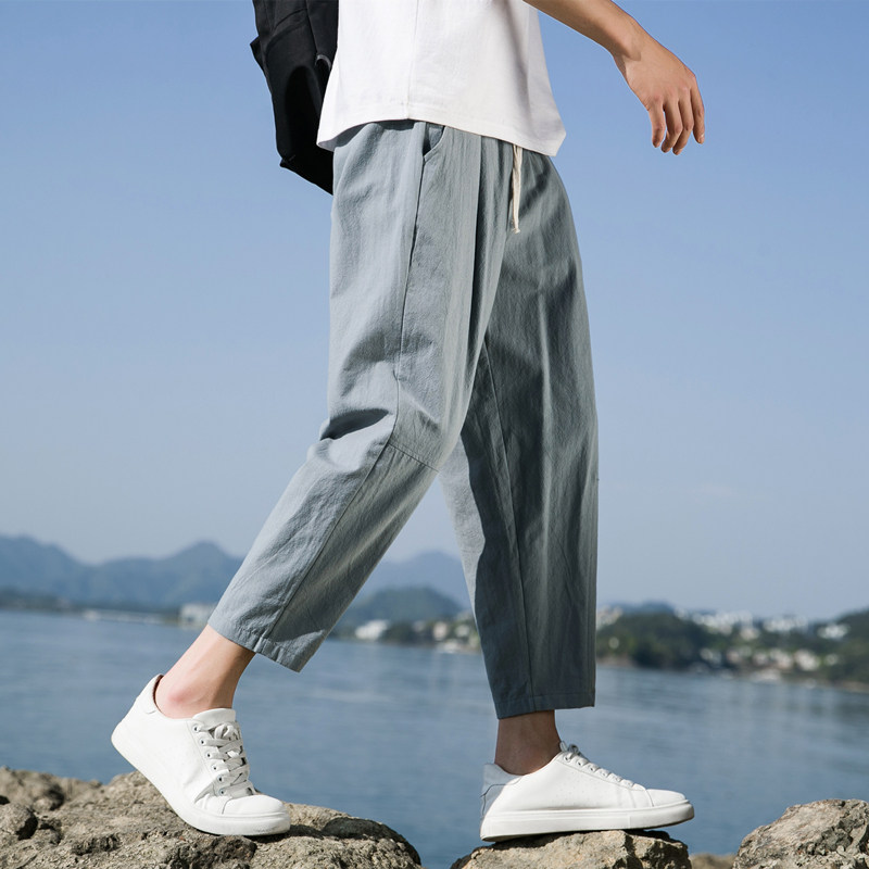 夏季休闲裤子男百搭棉麻宽松亚麻裤韩版潮流九分裤长裤直筒K22P25,男装休闲裤,四季星座303A