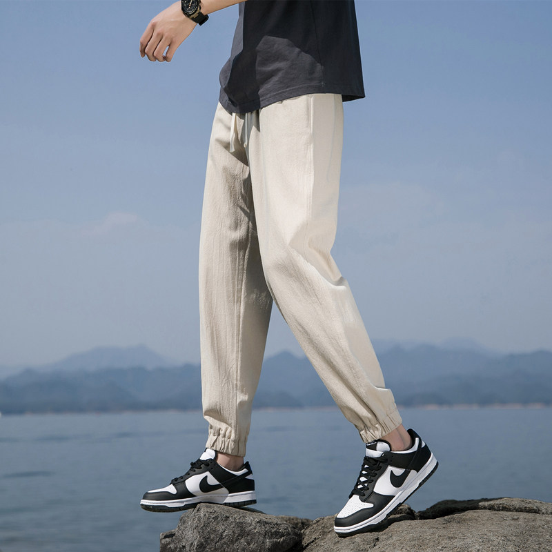 K800冰丝休闲裤子男夏薄款九分宽松加肥加大码潮亚麻束脚长裤p25,男装休闲裤,四季星座303A