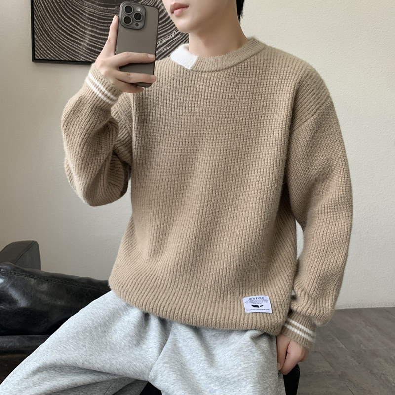 M6081圆领针织毛衣男秋冬季宽松百搭打底衫休闲毛衣常规37加绒47，男装T恤，四季星座303A