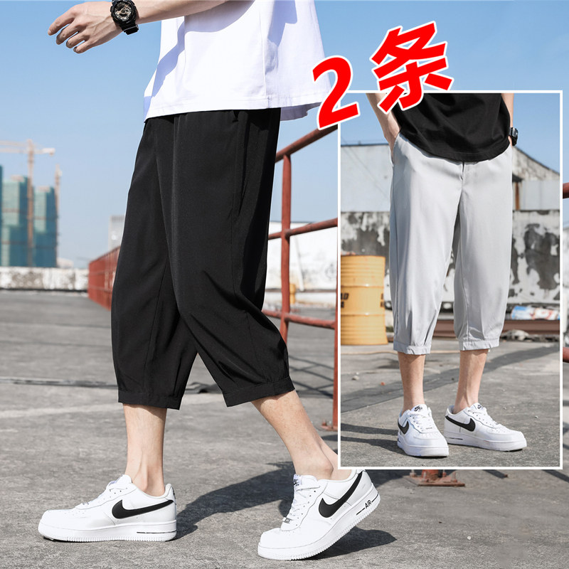 男夏季薄款冰丝休闲裤男士宽松直筒运动短裤胖子潮7分裤子K970P17，男装牛仔裤，四季星座303A