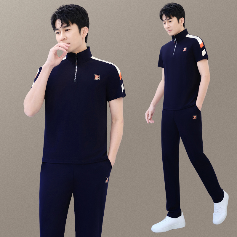 夏季男士短袖长裤运动服卫衣两件套休闲户外跑步晨练棉中老年套装