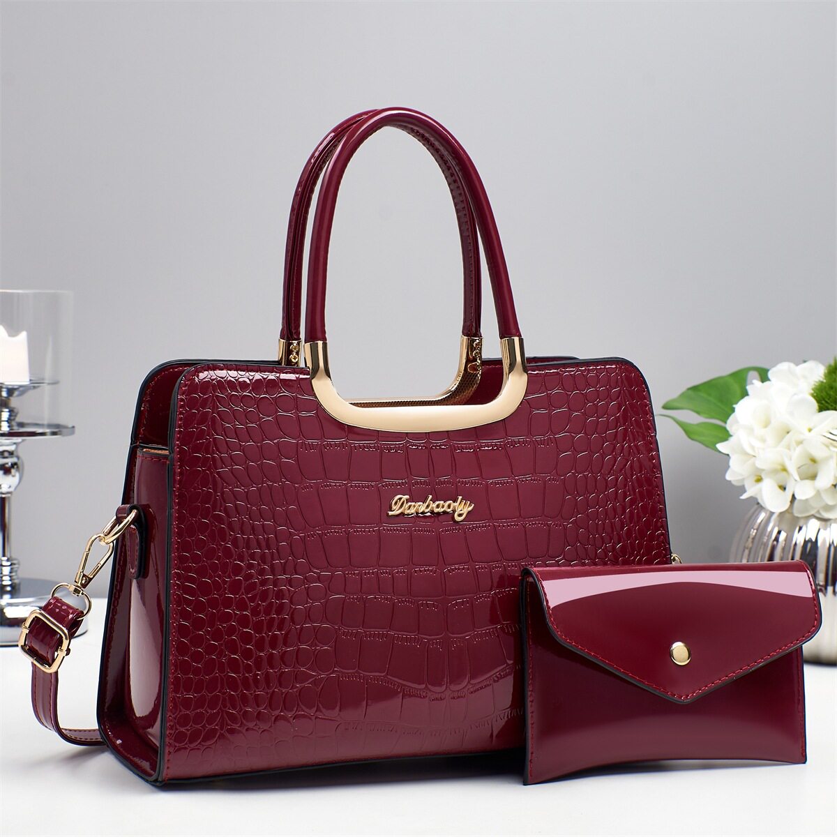 跨境手提包2025新款时尚鳄鱼纹子母包带零钱包漆皮亮面斜挎包耐磨