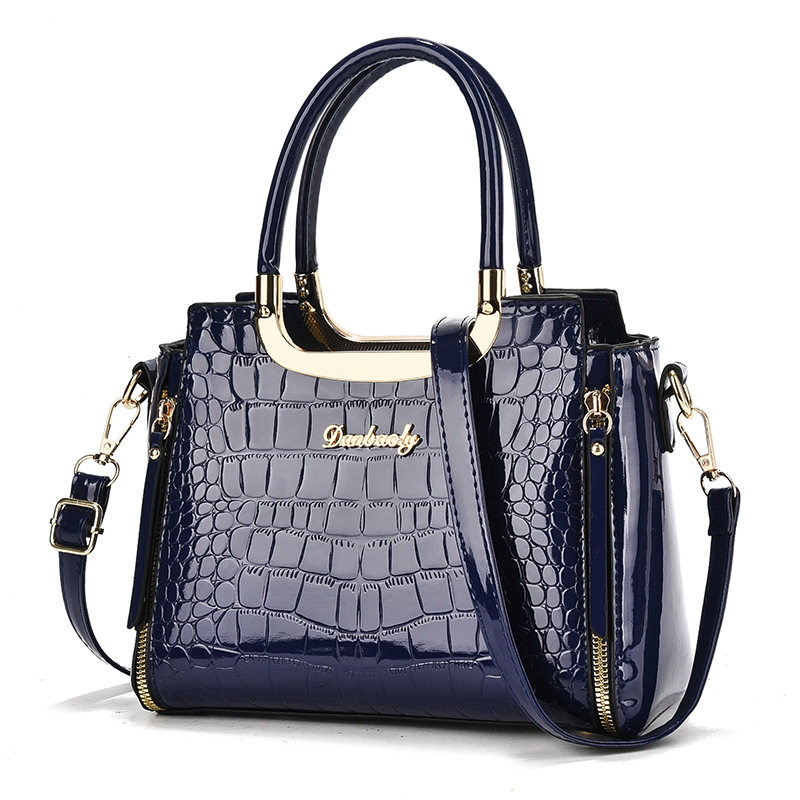 2026新款跨境女时尚简约亮皮漆面手提包大容量鳄鱼纹托特包单肩包