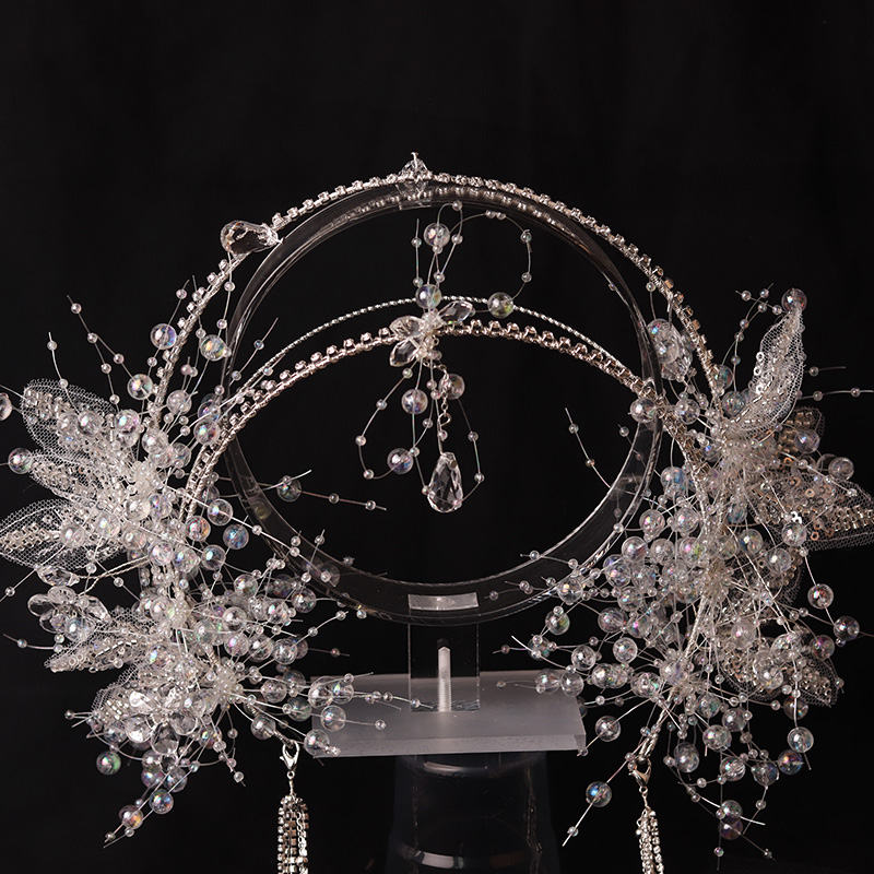 新娘头饰皇冠水晶流苏发箍白纱发饰圣女超仙婚纱结婚高级礼服饰品