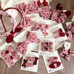 新款 甜美丝绒粉色波点蝴蝶结儿童发夹发圈发箍发卡皮筋头箍