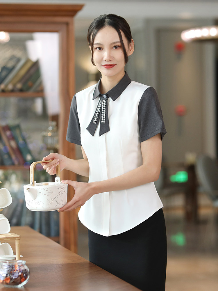 22亿珑春夏简餐快餐千鸟花小领花男女服务员传菜工装制服大码同款