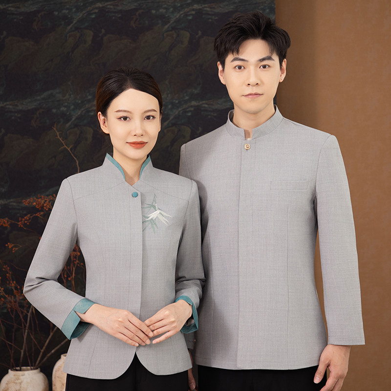 25新款亿珑绣竹叶酒店中餐厅火锅茶室男女服务员工作服大码男女配