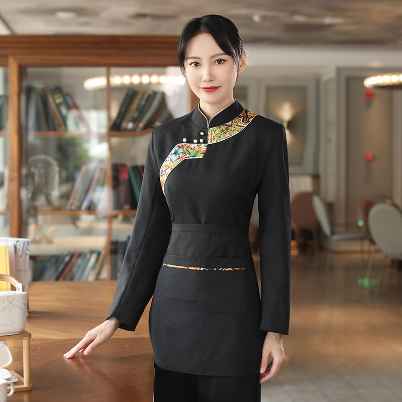 2022亿珑秋冬新款民族花大斜襟中式服务员酒店餐厅火锅店工作服女