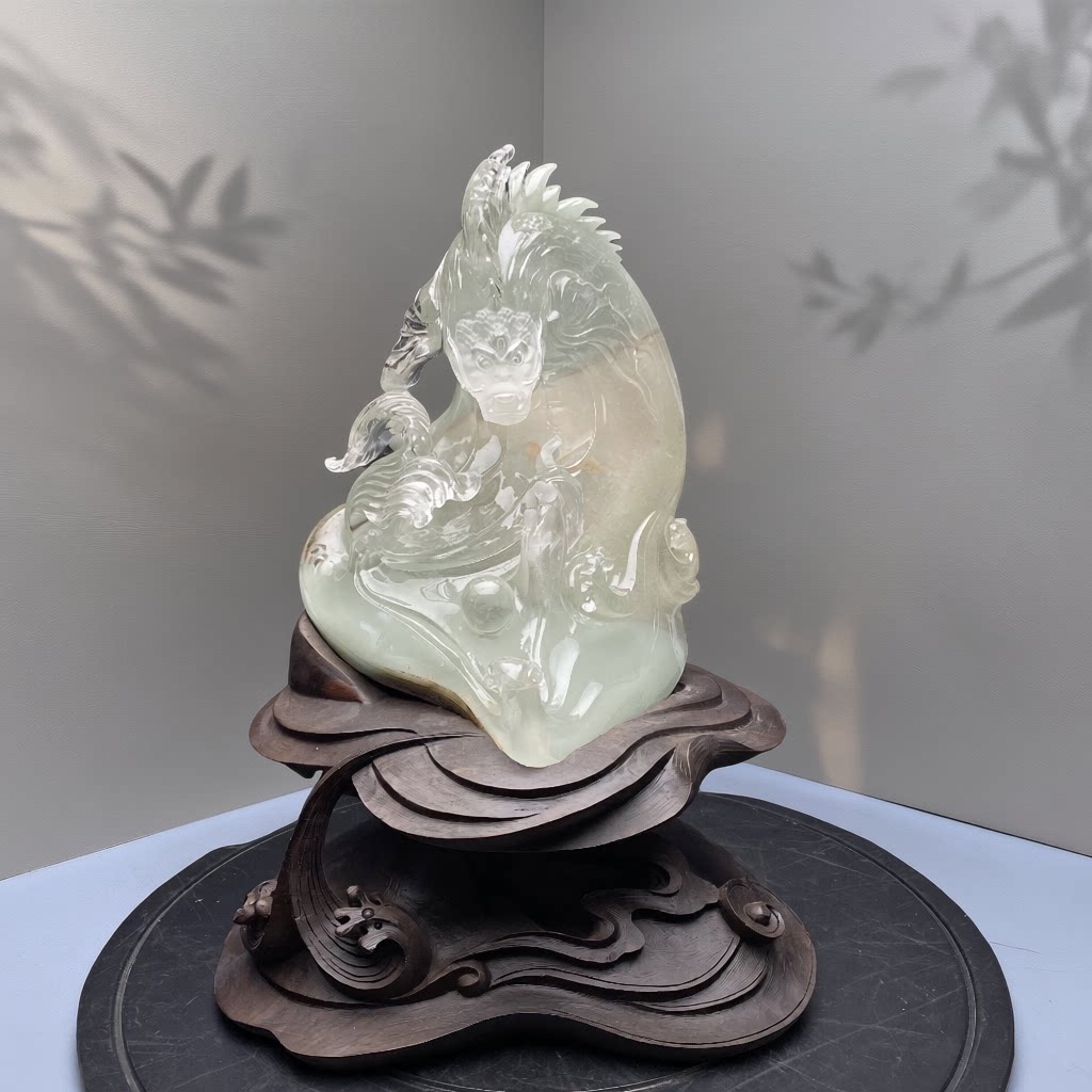 天然天青水晶鳌龙雕刻摆件开业礼
