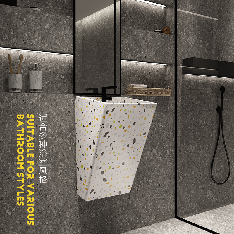 小户型洗手台一体盆壁挂式洗脸盆水磨石陶瓷洗手池迷你挂墙洗手盆