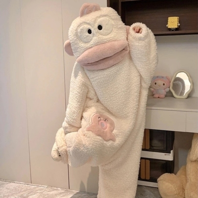搞怪卡通丑鱼连体睡衣二次元cos风搞笑睡袍抽象秋冬珊瑚绒家居服