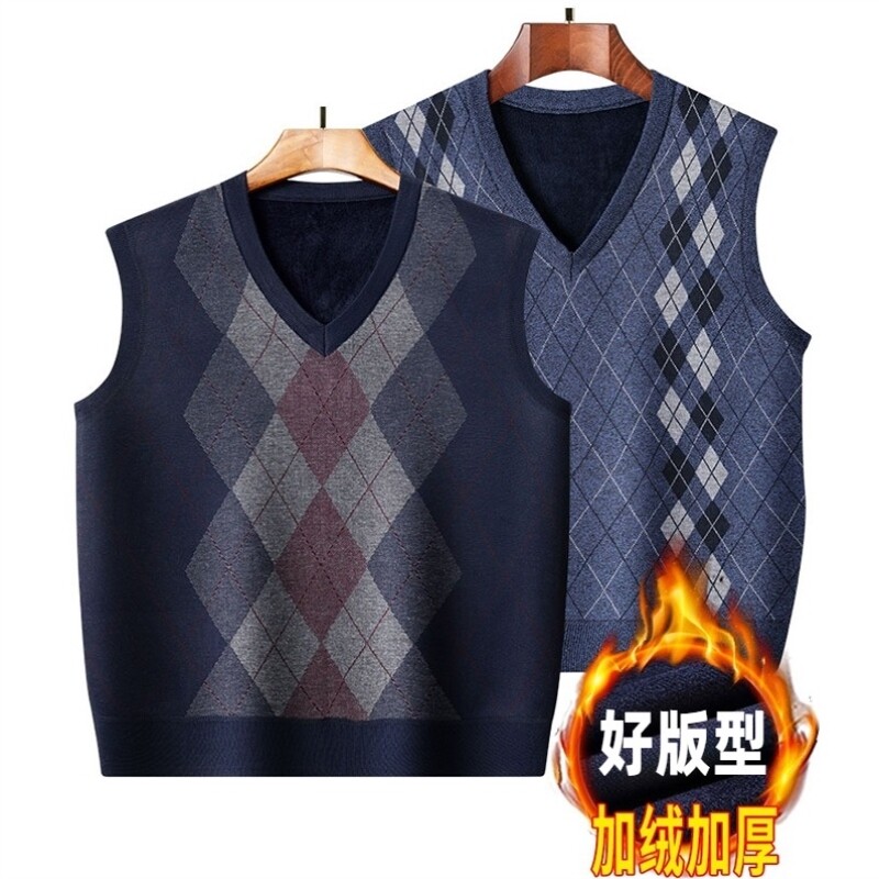 秋冬季中老年马甲男加绒加厚爸爸装针织V领老人背心爷爷坎肩毛衣