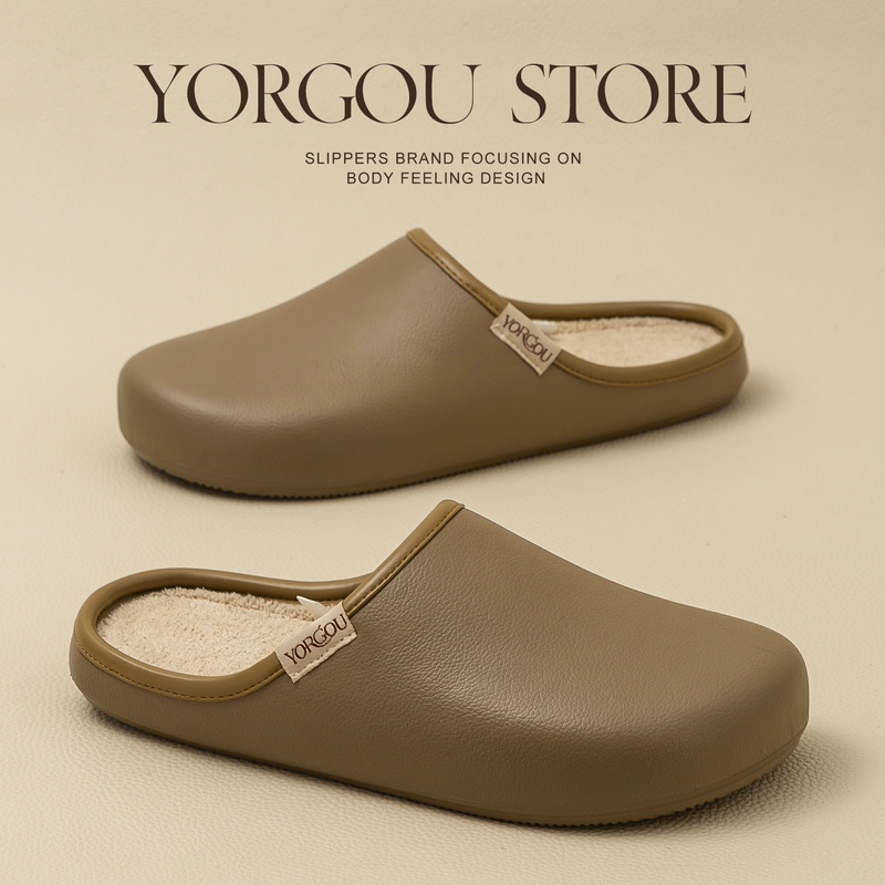 远港男士防水皮纹拖鞋秋冬季室内防滑居家用保暖加绒棉拖鞋女冬天