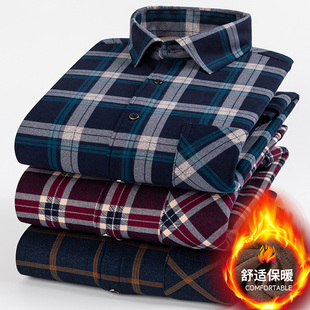 爸爸装 秋冬加绒保暖衬衫 男加绒衬衣男印花中青年格子加厚加绒寸衫