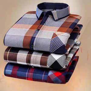 秋冬男士长袖加绒衬衣保暖衬衫加厚格子外套印花衣服男休闲爸爸装