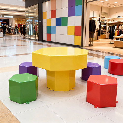 六边形座椅商场组合休息桌椅玻璃钢六角星休闲坐凳子等候美陈摆件