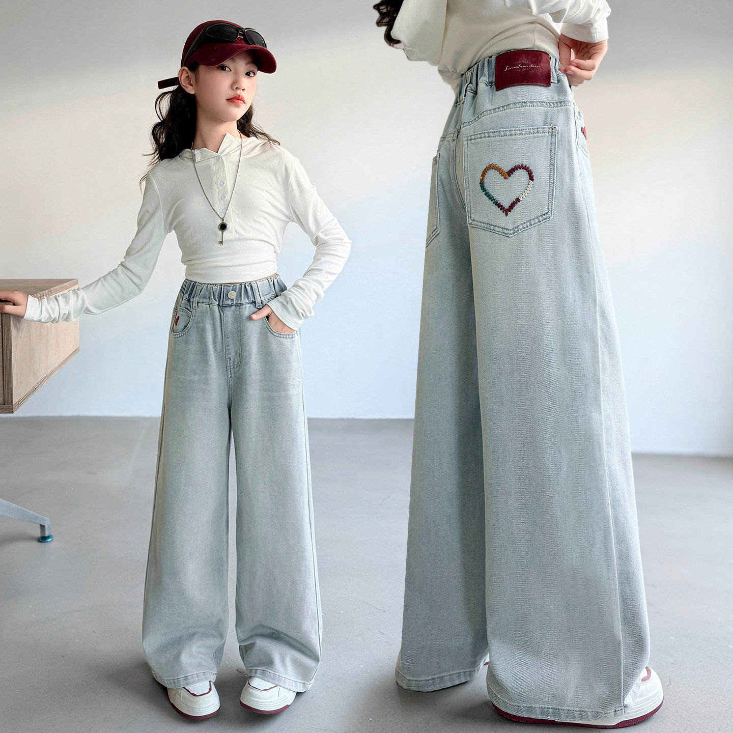 女童派韩版洋裤子春装爱心牛仔裤儿童新款刺绣2026童女阔腿裤中大