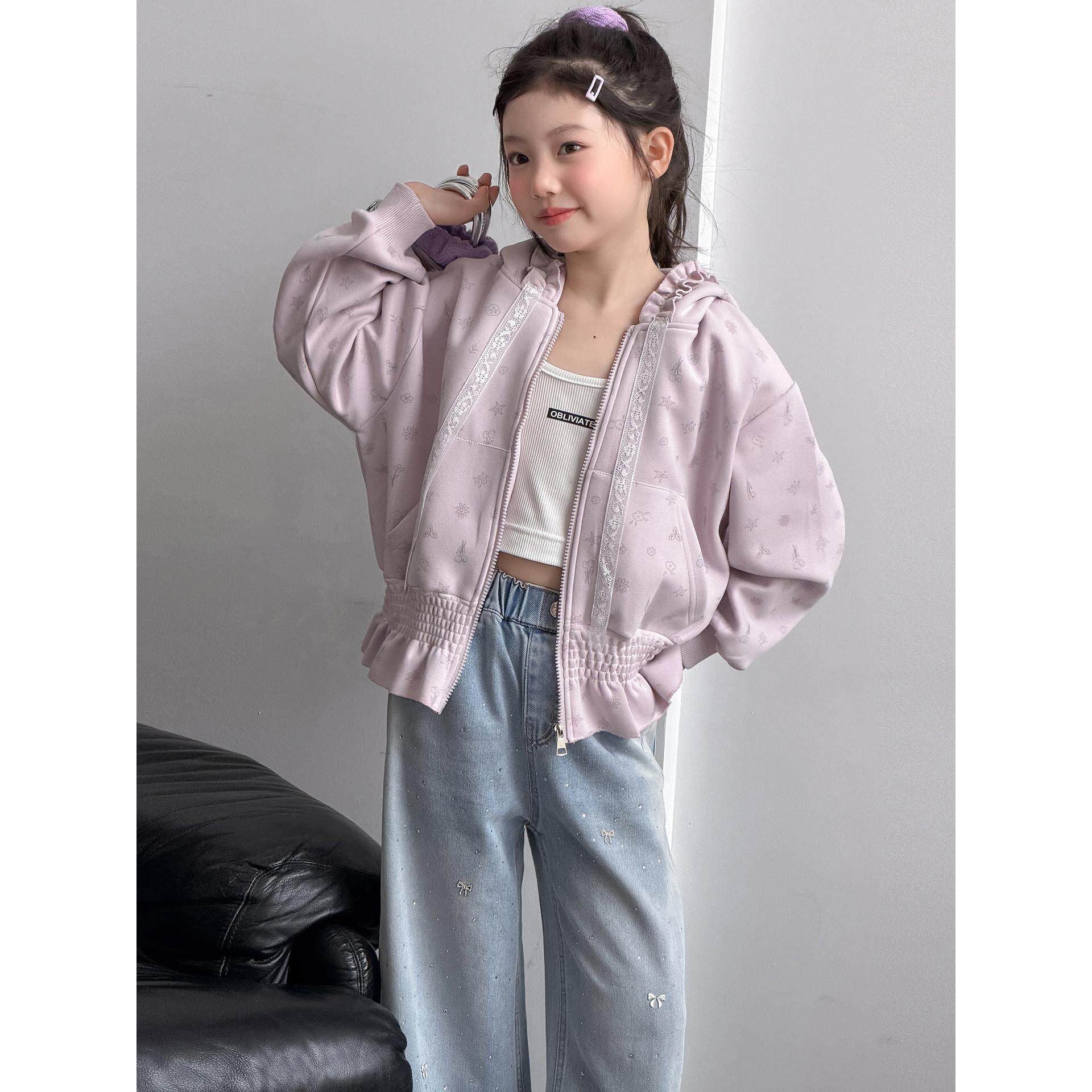 洋气女童卫衣休闲印花新外套收腰2026甜美连帽百搭春装衫拉链开衫