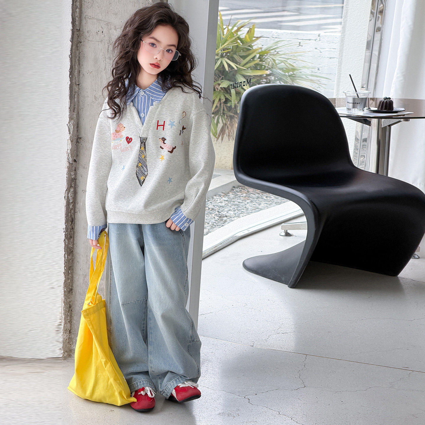 12两件岁女童2026中大童儿童春装装假两件套套装新款牛仔裤卫衣春