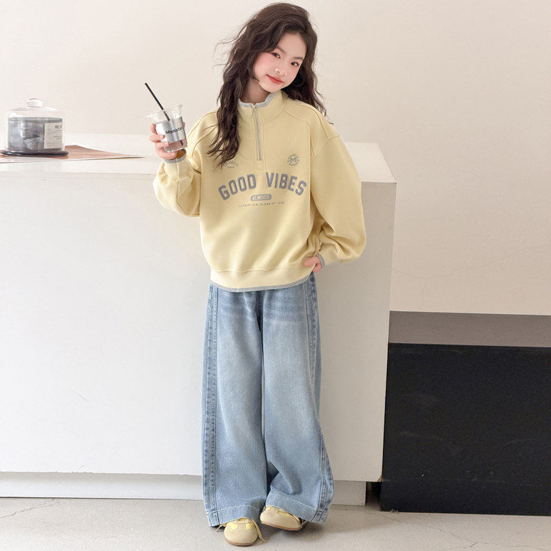 拉链T恤卫衣衫运动长袖春秋装半打底女童初中生女孩款大立领儿童