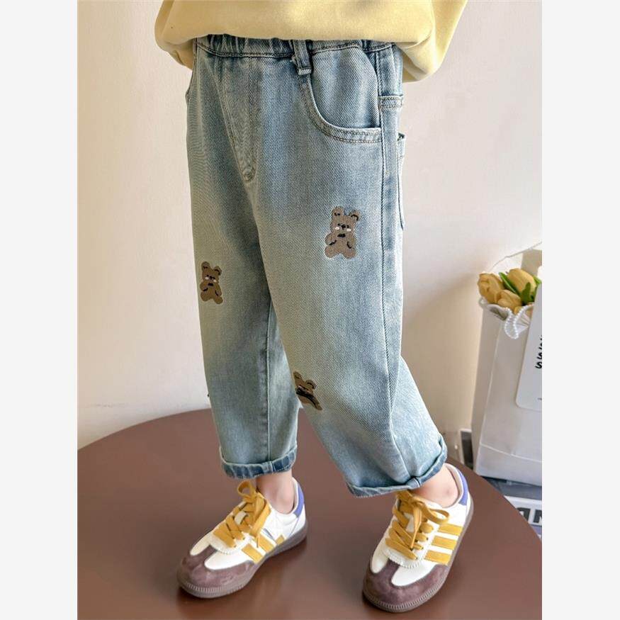 女童牛仔裤春秋款2025新款女宝宝网红花朵潮裤女小童洋气小熊长裤